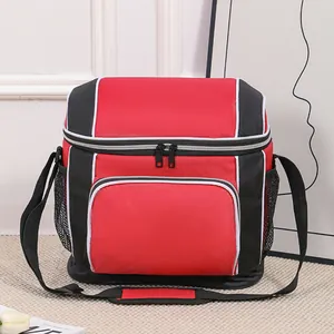 Insulated picnic cooler bag with red and black color-blocking and shoulder strap