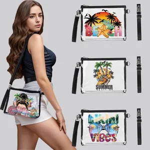 Set of printed transparent PVC crossbody bags with summer themes and adjustable straps