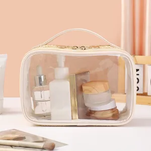 Clear woven travel toiletry bag showing various skincare products inside for storage