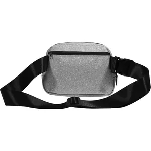 Detail view of silver glitter waist bag showing back zipper pocket and adjustable strap.