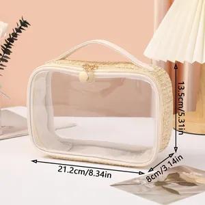 Detail view showing dimensions of the woven travel cosmetic bag with transparent front