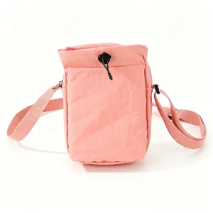 Pink lightweight nylon drawstring crossbody bag for outdoor sports and phone storage