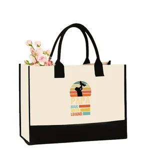 Bolso tote grande de lona con estampado Papa, asas negras y decoración de rosas rosas