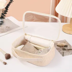 Detailed view of woven travel makeup bag with transparent lid and cosmetics storage.