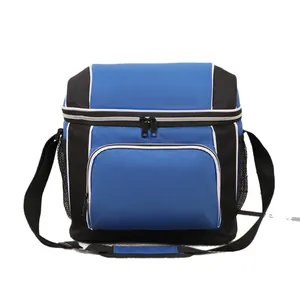 Large insulated picnic cooler bag with adjustable shoulder strap in blue and black