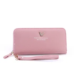Elegant pink women's long zipper wallet with litchi grain and wrist strap.