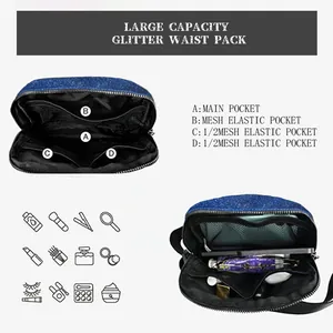 Detailed view of the blue glitter waist pack showing its multi-pocket internal structure