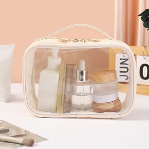 Portable woven transparent cosmetic bag showing toiletries in a stylish lifestyle setting.