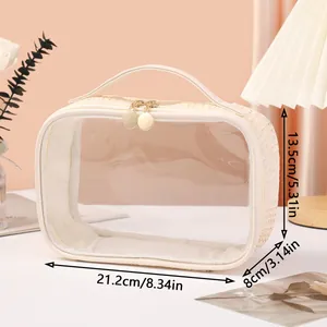 Close-up detail of cream woven transparent travel toiletry bag with dimensions shown