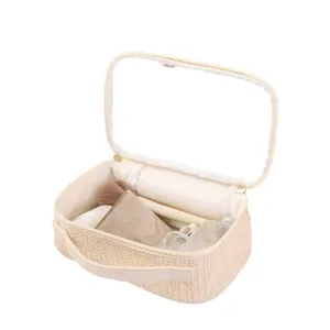 Woven straw cosmetic bag with transparent top lid and portable travel organizer handle