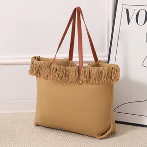 Bolso Tote con Flecos de Gran Capacidad para Mujer Bolso de Hombro de Lona Tejida con Borlas Bolso de Playa Bohemio Bolso Informal para Estudiantes