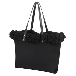 Bolso tote de lona negra con flecos y gran capacidad para el uso diario y la playa