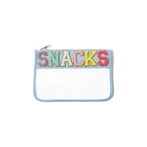 Clear PVC storage bag with colorful embroidered SNACKS chenille letter patches and zipper