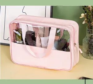 Trousse de maquillage rose en PU et PVC transparent avec une grande capacité de stockage