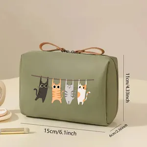 Detailed view of olive green waterproof cat print makeup bag with size 15x11x6cm