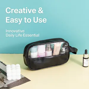 Trousse de Maquillage Portable en PVC PU Transparent Patchwork Grande Capacité Imperméable Trousse de Toilette Voyage Femme