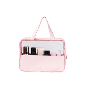 Grande trousse de toilette de voyage en PVC transparent et cuir PU rose pour femme