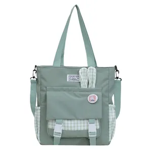 Bolso tote verde claro de gran capacidad para estudiantes con orejas de conejo y cuadros