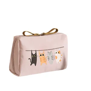 Cute cat print makeup bag, large capacity pink waterproof travel toiletry organizer