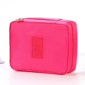 Neceser de viaje rosa de gran capacidad con doble cremallera y asa de transporte