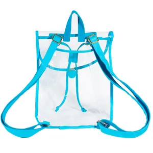 Back view of a clear PVC backpack with adjustable blue straps and a top handle