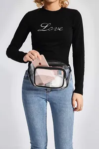 Detail view of transparent waterproof PVC fanny pack showing phone storage capacity