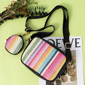 Women Woven Crossbody Bag Set Artistic Bohemian Style Colorful Wave Pattern Shoulder Bag With Round Purse PP PU Leather
