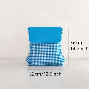 Blue checkered cotton drawstring backpack with size dimensions 32cm x 36cm detail