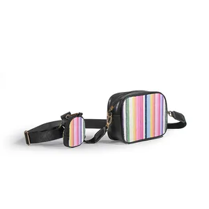 Side view of woven crossbody bag set with vibrant striped pattern and mini pouch