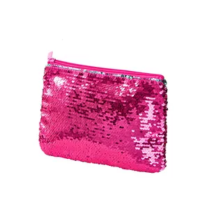 Vibrant pink reversible mermaid sequin pencil case and portable makeup storage bag
