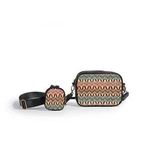 Ethnic style woven 2-piece bag set with colorful zigzag pattern and adjustable strap