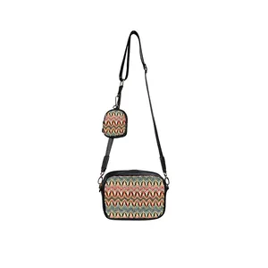 Bohemian woven crossbody bag set with colorful zigzag pattern and black shoulder strap