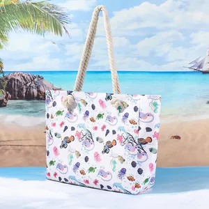 Grande borsa da spiaggia in tela con stampe marine colorate e manici in corda