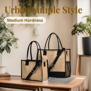 Borsa Tote da Donna in Iuta Urban Minimalista Grande Capacità Borsa a Tracolla con Tracolla Rimovibile Contrasto Colore Patchwork Borsa per la Spesa