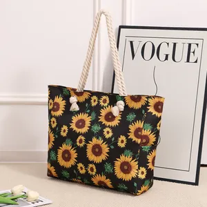 Grande borsa da spiaggia in tela con stampa di girasoli e manici in corda di cotone