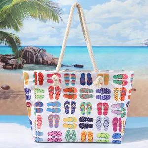 Borsa da Spiaggia da Donna ad Alta Capacità in Poliestere Stampato con Manici in Corda di Cotone Estate Vacanza Viaggio Borsa a Spalla