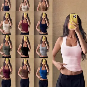 Débardeur Dos Nu Sexy Y2K pour Femmes Tricot à Côtes Sans Manches Coupe Ajustée Streetwear Été Couleur Unie Top Court