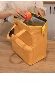 Detail showing spacious insulated interior of a yellow lunch bag with pomegranate
