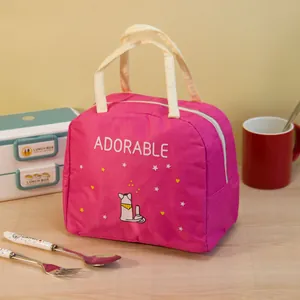 Borsa termica per il pranzo rosa con gatto e chiusura a cerniera