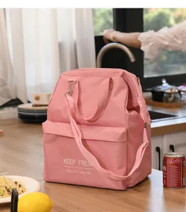 Detail view of pink insulated lunch bag with adjustable shoulder strap and zipper.