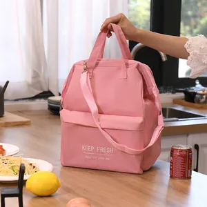 Large capacity pink insulated lunch bag with shoulder strap for office and picnic