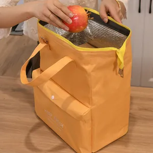 Large yellow insulated lunch bag with aluminum foil lining and Keep Fresh print