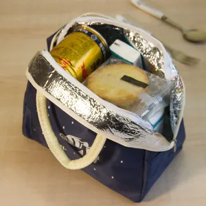 Dettaglio del rivestimento interno in alluminio del sacchetto termico per il pranzo.