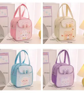 Four cute cartoon insulated lunch bags in pink, beige, blue, and purple with dimensions
