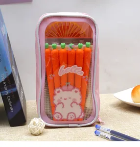 Cute pink transparent large capacity pencil case with cartoon bear pattern