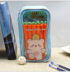 Large capacity light blue transparent pencil case with cartoon bear and carrot pens