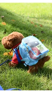 Light blue mesh breathable pet backpack worn by a small brown dog on green grass