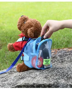 Detail of breathable blue mesh pet backpack for small dogs showing storage space