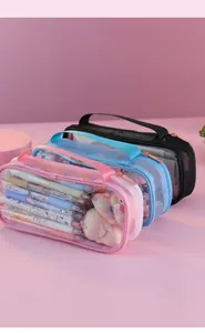 Large capacity mesh pencil cases in pink, blue, and black colors for various stationery items
