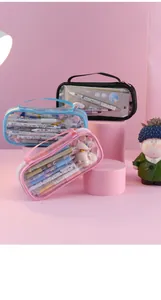 Large capacity transparent mesh pencil cases in three colors displayed on pink stands